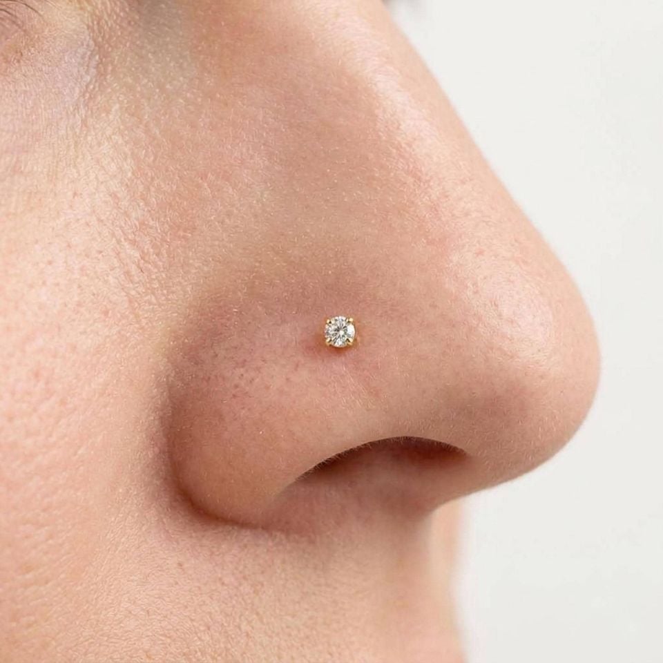 Impressive Pin 2mm Lab Grown Diamond Nose Stud, 14K Solid Gold L Shape Nose Ring ...