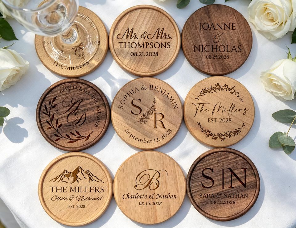 Bulk Personalized Wooden Coaster - Engraved Rustic Coasters - Wedding ...
