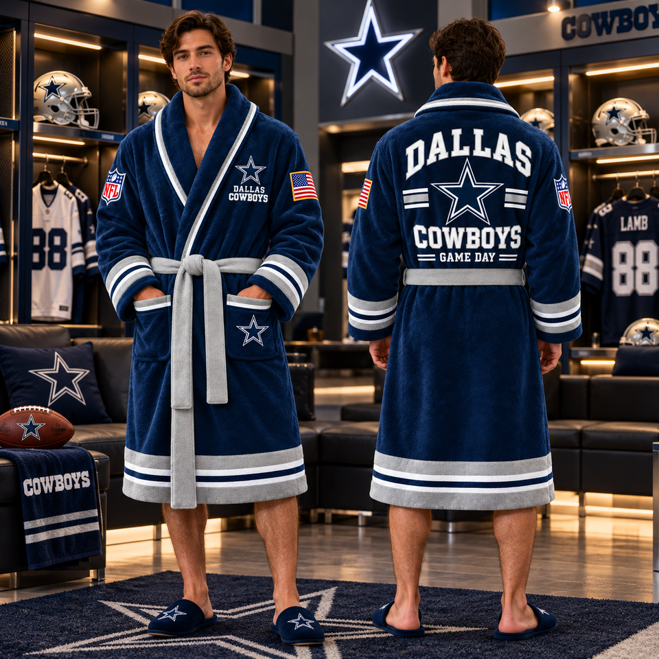 Slide Robe Ideas Dal-las Cowboys Navy Blue and Silver Hooded Bathrobe – Football Fan ...