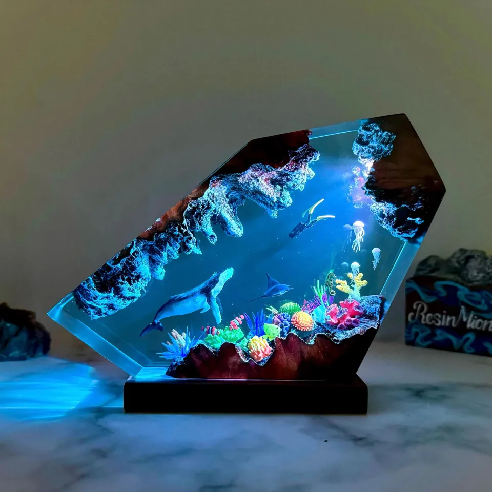 Turtles and Humpback Whale Resin wood lamp,Epoxy and Wooden Night Light ...