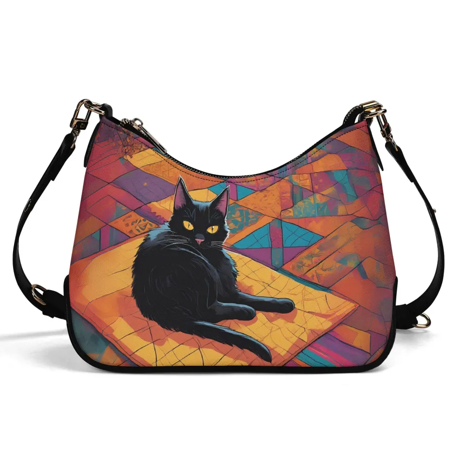 Boho Black Cat Shoulder Bag, Black Cat PU Leather Crossbody with Chain ...