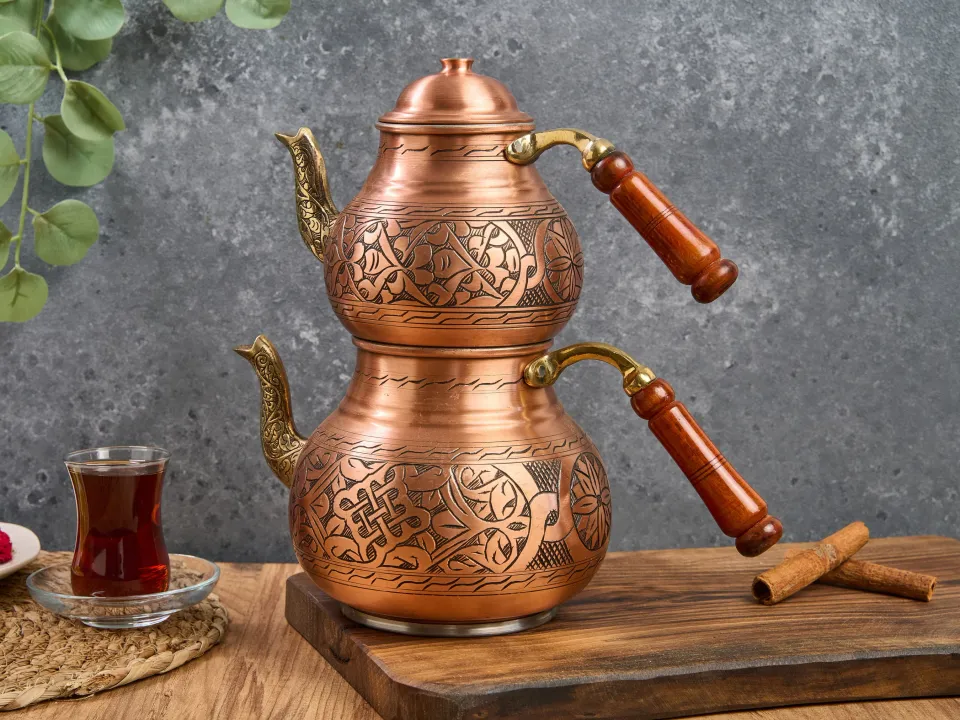Copper Tea pot with Heater, Teapot Warmer Samovar, Tea Maker, Turkish ...