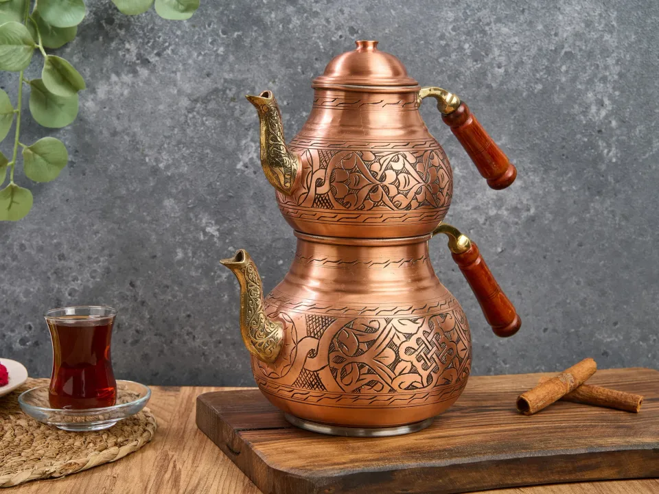Copper Tea pot with Heater, Teapot Warmer Samovar, Tea Maker, Turkish ...