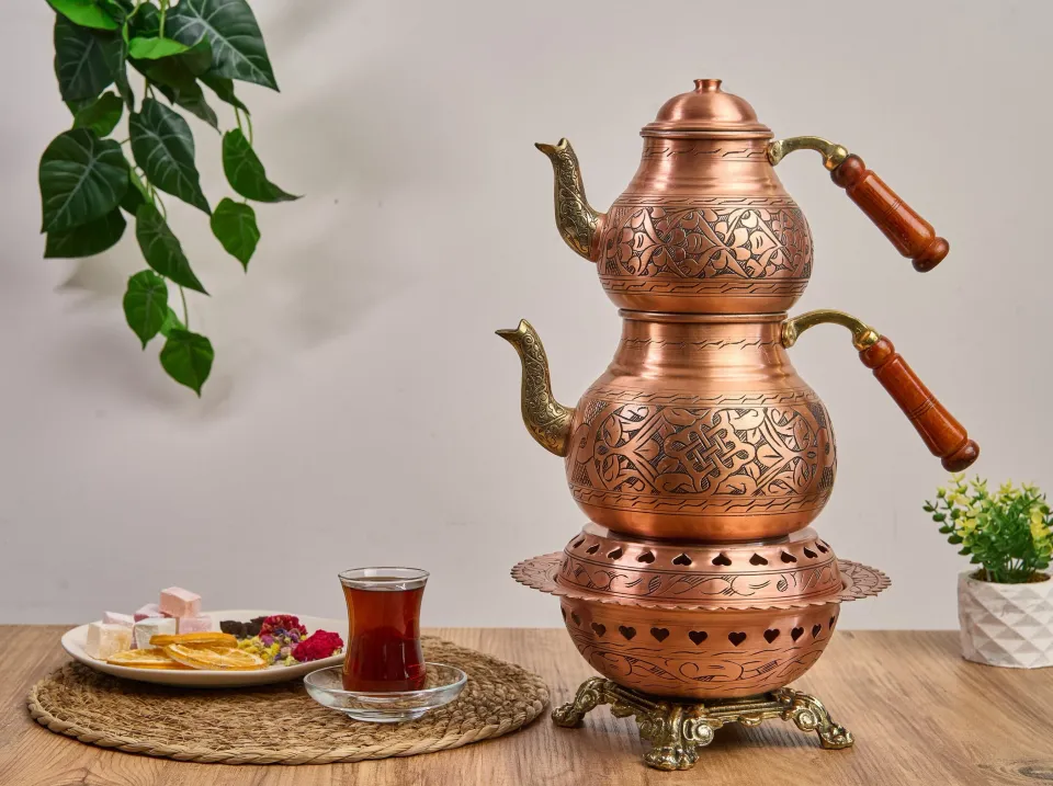 Copper Tea pot with Heater, Teapot Warmer Samovar, Tea Maker, Turkish ...