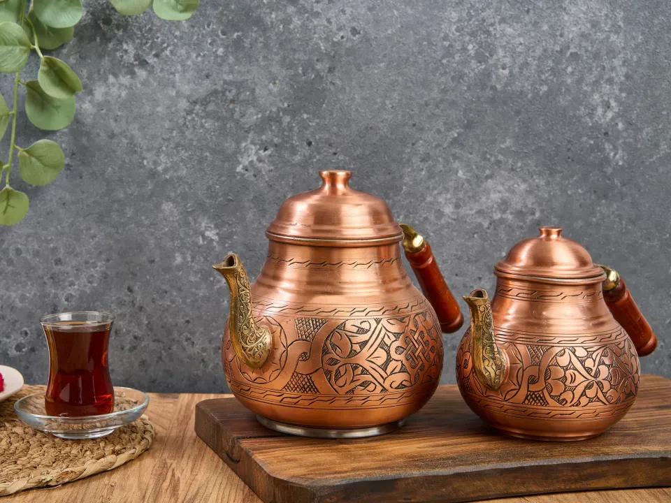 Copper Tea pot with Heater, Teapot Warmer Samovar, Tea Maker, Turkish ...