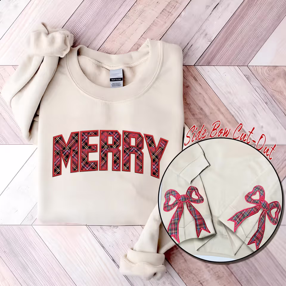 Merry Side Bow Cut-Out Sweatshirt, Plaid Christmas Shirt, Merry ...