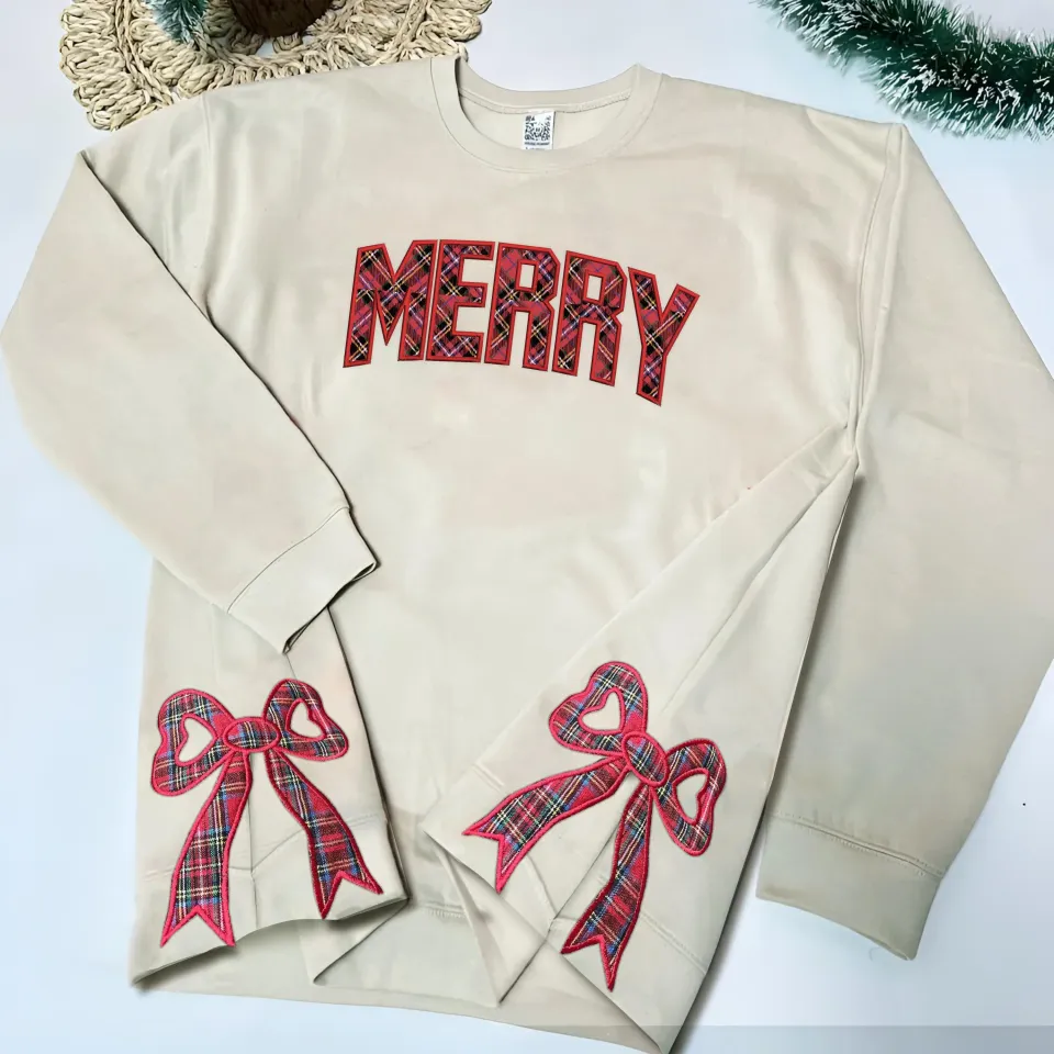 Merry Side Bow Cut-Out Sweatshirt, Plaid Christmas Shirt, Merry ...