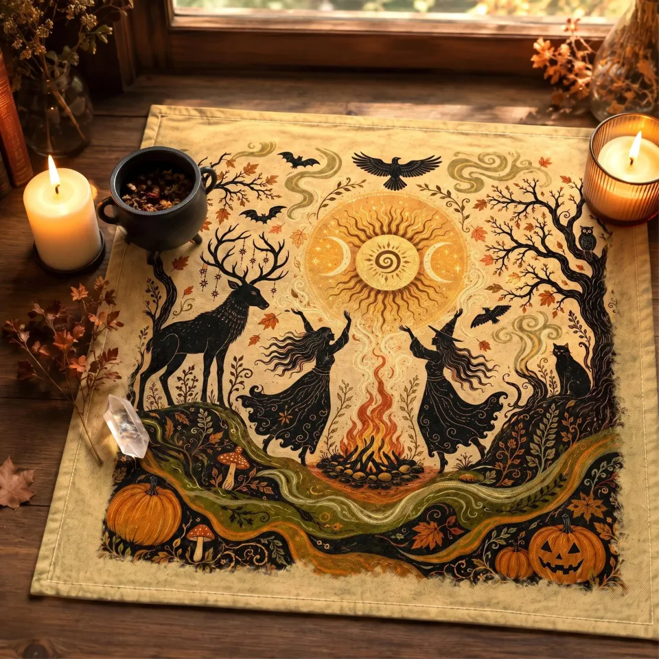 Samhain Altar Cloth | Dancing Witches Folk Art Tapestry | Pagan ...