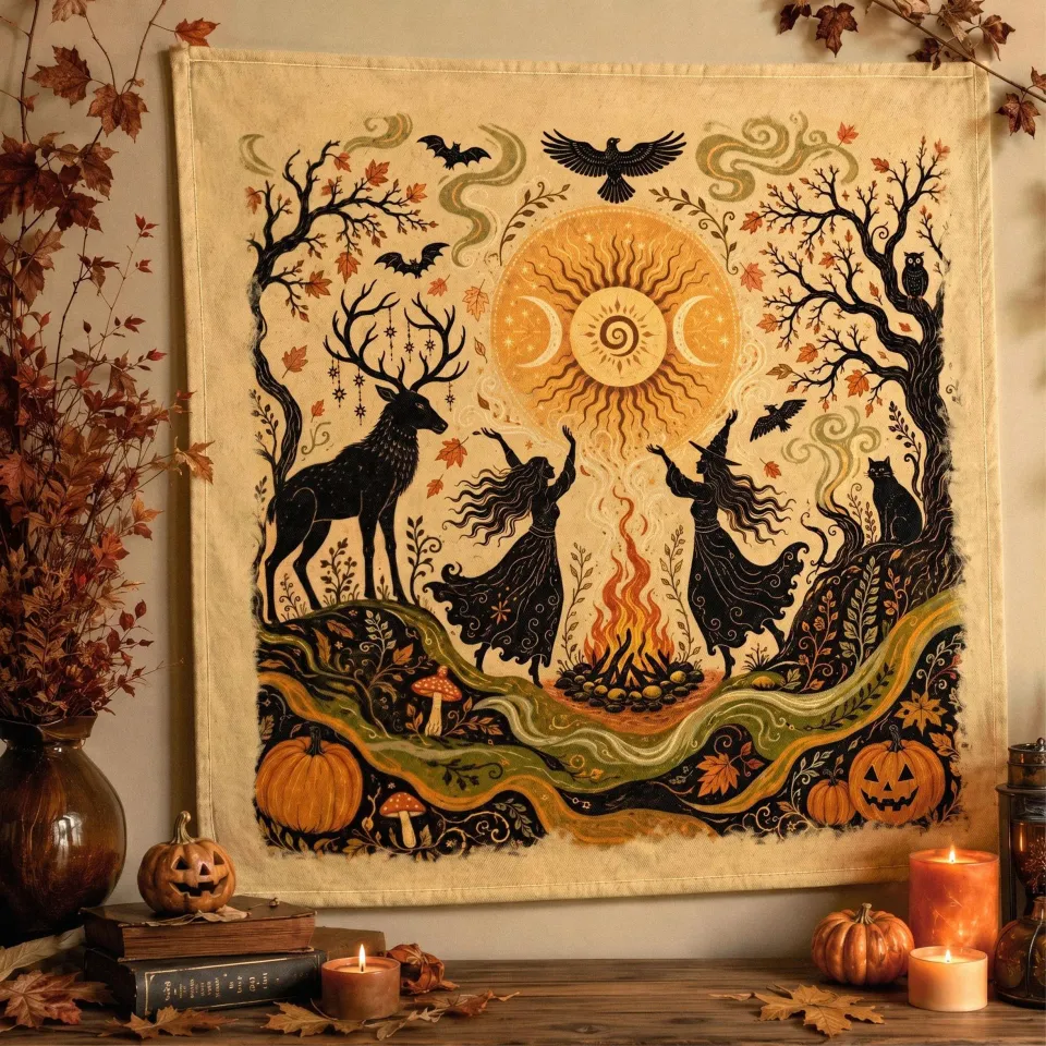Samhain Altar Cloth | Dancing Witches Folk Art Tapestry | Pagan ...