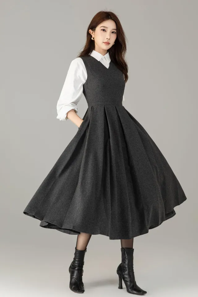Grey Wool Midi Pinafore Dress: Vintage Style Pleated Jumper, Sleeveless ...