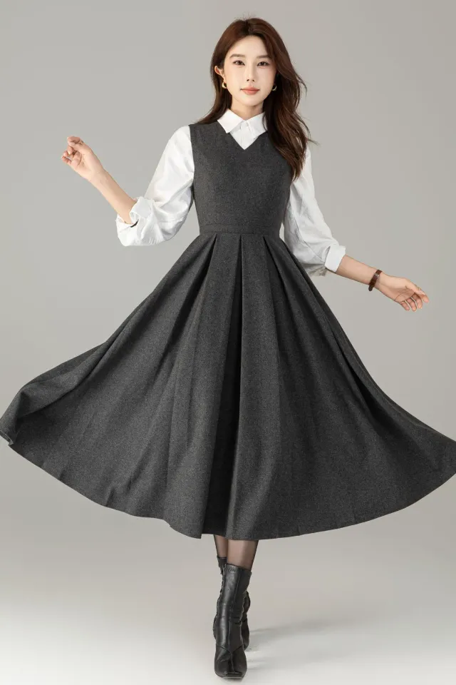 Grey Wool Midi Pinafore Dress: Vintage Style Pleated Jumper, Sleeveless ...