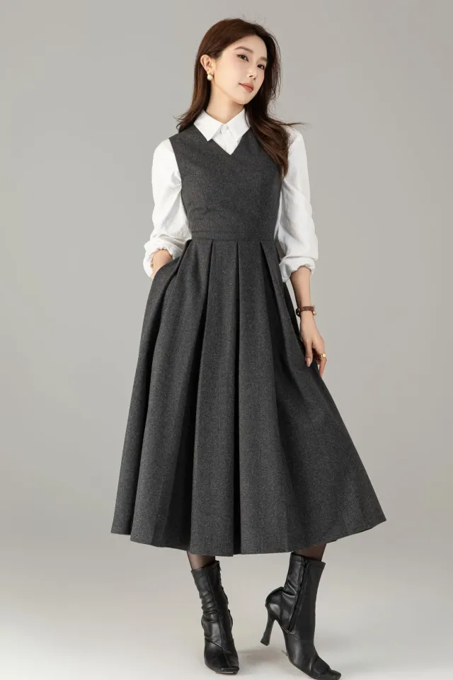Grey Wool Midi Pinafore Dress: Vintage Style Pleated Jumper, Sleeveless ...