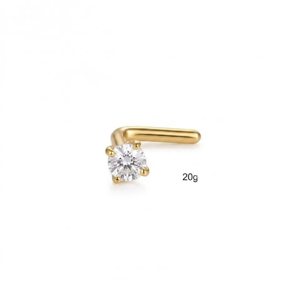 2mm Lab Grown Diamond Nose Stud, 14K Solid Gold L Shape Nose Ring ...