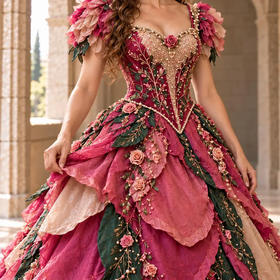 Rose Queen Costume Dress for Women, Pink Floral Renaissance Ball Gown ...