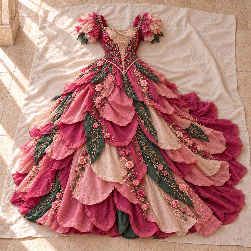 Rose Queen Costume Dress for Women, Pink Floral Renaissance Ball Gown ...