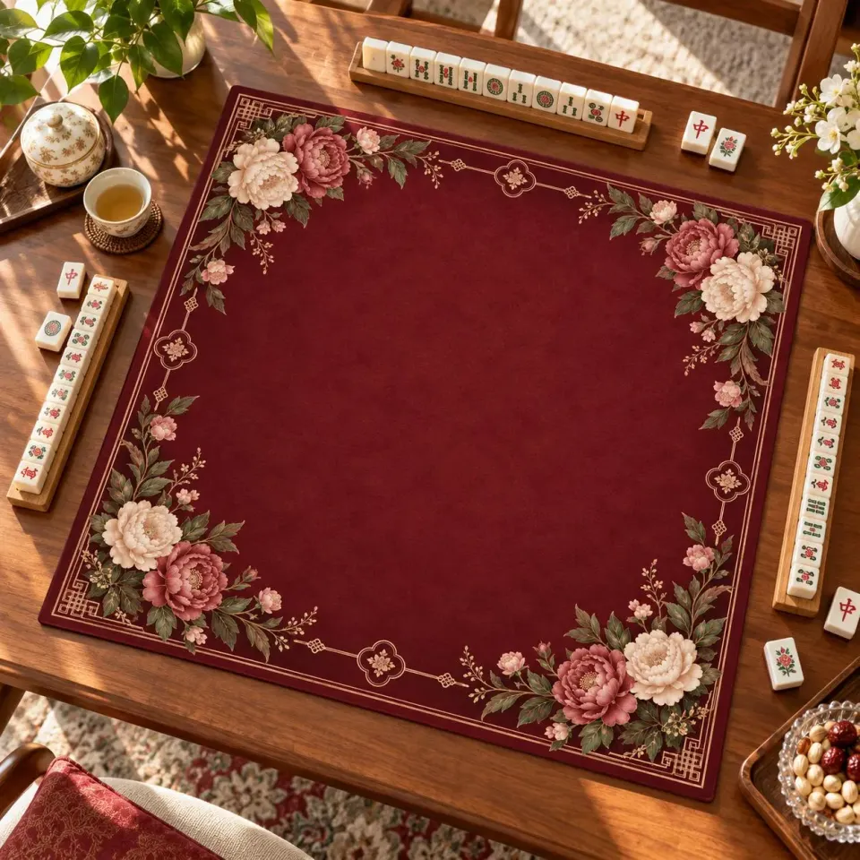 American Mahjong Mat, Burgundy Peony Floral Game Mat, Luxury Botanical ...